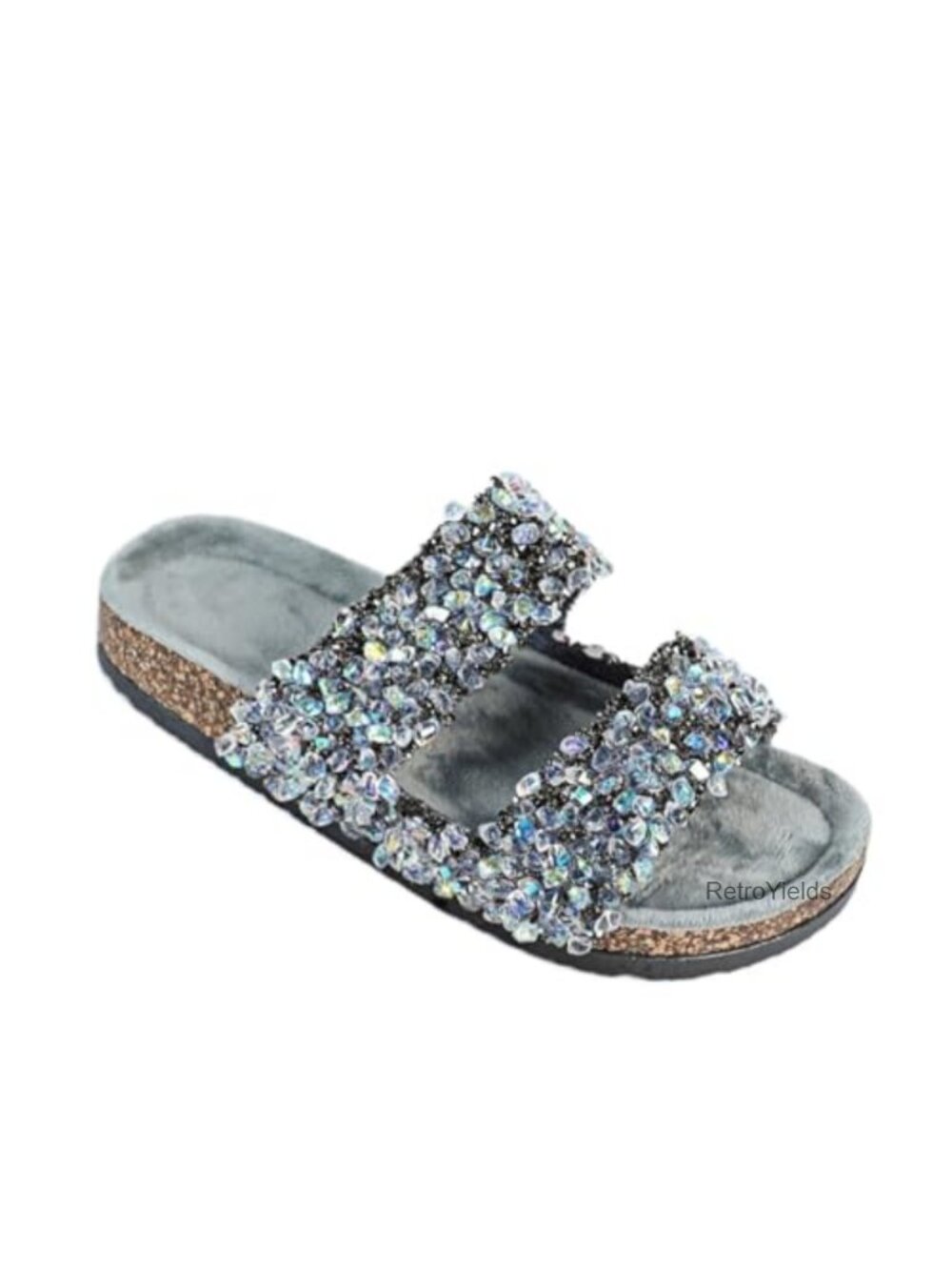 Cork Footbed Slide Sandals Double Strap Glitter Platform Casual